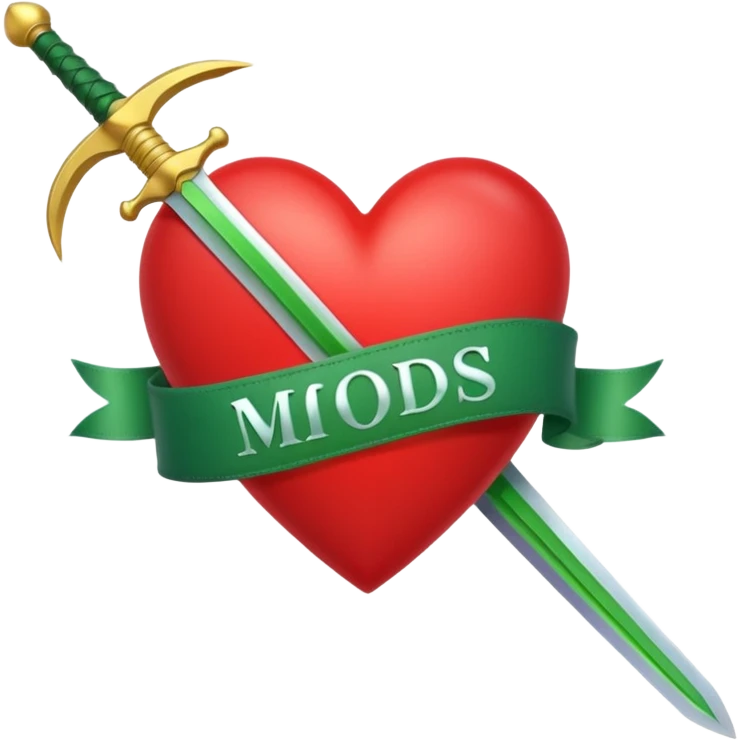 a red heart pierced by a green sword, with the text 'MODS' on a white ribbon emoji