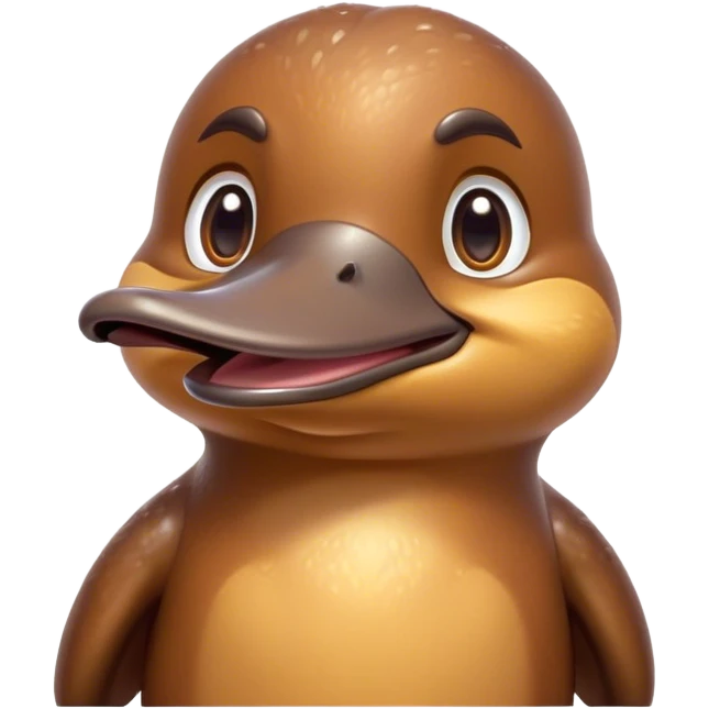 Cinematic Cute Platypus Portrait Emoji, Head tilted playfully and inquisitively, featuring a glossy brown fur with a charming, flat duckbill and round, sparkling eyes brimming with quirky wonder, Simplified yet irresistibly adorable features, highly detailed, glowing with a warm, friendly glow, high shine, affectionate and whimsical, stylized with a touch of aquatic playfulness, bright and endearing, soft glowing outline, capturing the essence of a mischievous yet lovable platypus, so playful it feels like it could waddle out of the screen into your arms! emoji