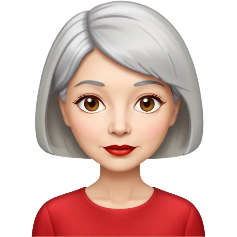 Elegant senior woman with silver-gray bob haircut, light skin, almond-shaped hazel eyes, red lipstick, wearing a red blouse, sophisticated expression emoji