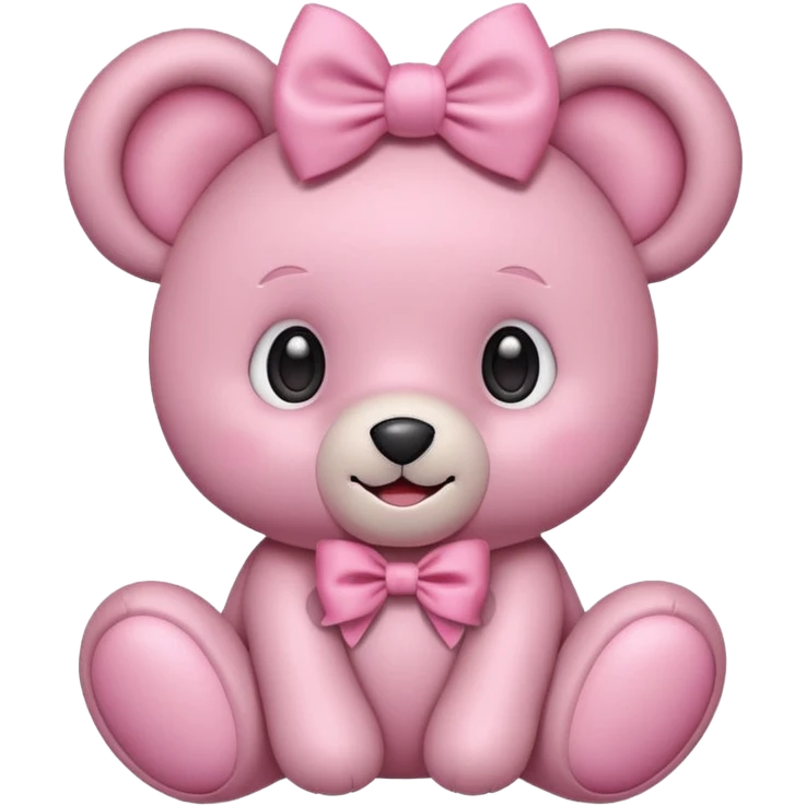 A cute pink teddy bear emoji style, soft plush texture, big round eyes, a sweet smile, wearing a large bow on its head. The bow is pastel pink or white, and the teddy looks cuddly and friendly. Minimalist emoji-style design, clear outlines, centered, white background."
 emoji