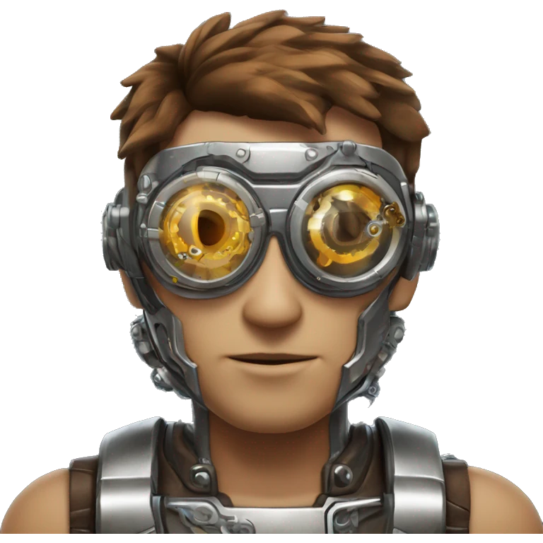 male cyborg head with brown short hair, brown beard, silver steampunk goggles and circuits emoji