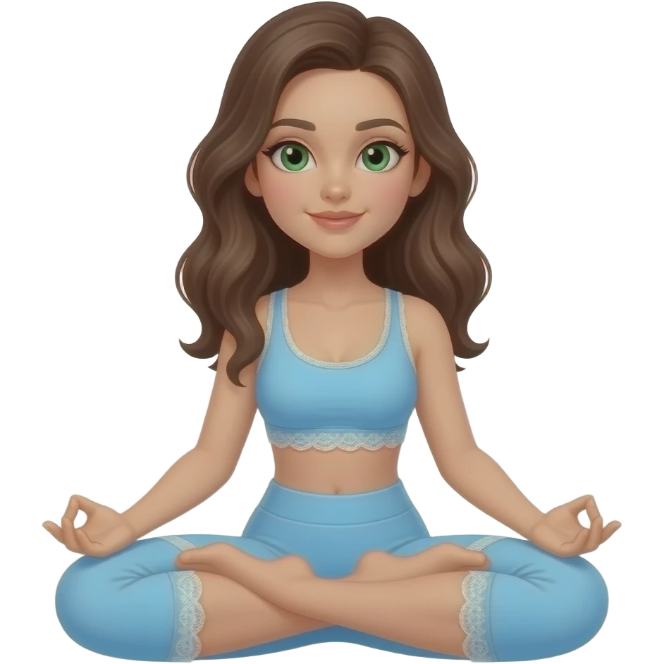 hourglass body brunette with light skin tone, green olive shaped eyes in tree pose wearing pastel blue active set that has pretty lace trims emoji