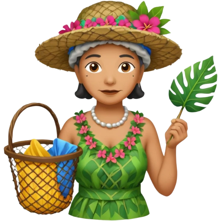 Hawaiian old woman with leaf hat and big trash net and colorful cloth emoji
