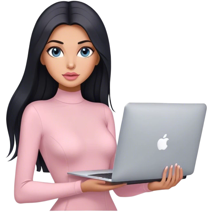 Glamours, tanned, very beautiful girl, with big pump peach-beige-rose lips, black straight smooth silky long hair, straight parting hair, blue-grey eyes, in light-pink bodysuit holding MacBook emoji