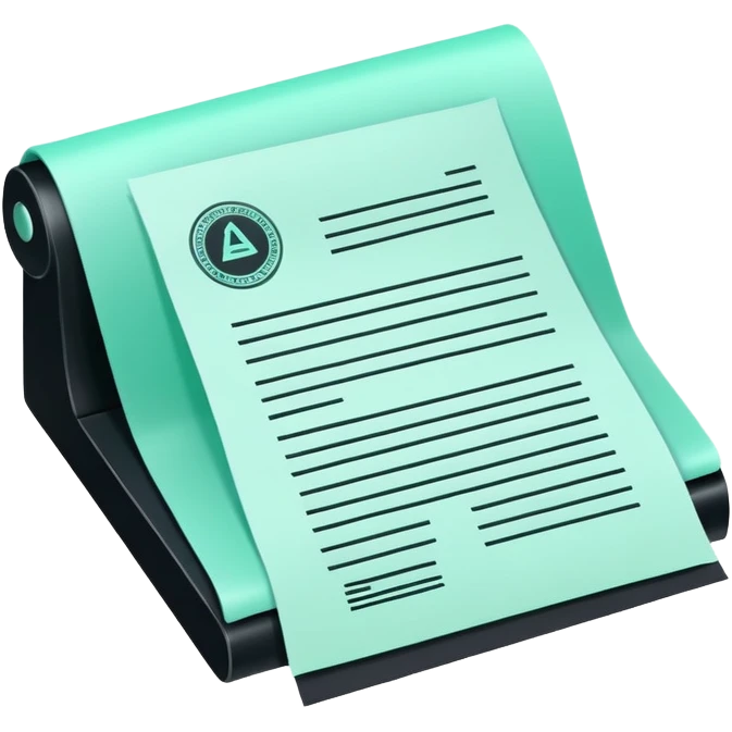 Commande Publique (Public Procurement), 3D techy icon with black and mint green (#B5F4D3) color scheme, contract document with official stamp emoji