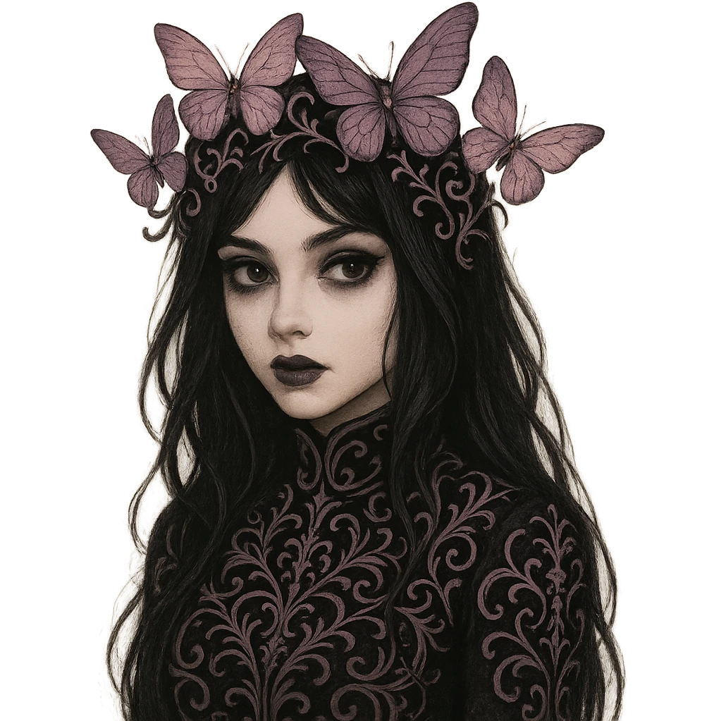 elegant emo girl, gothic filigree, butterfly crown in matte pink and purple, dark hair, mysterious vibe emoji