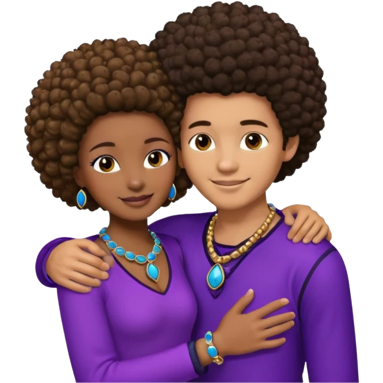 Tan male with short straight, light,brown hair, smiling and hugging a darkblack African girl with Afro in purple clothes with blue jewelry emoji