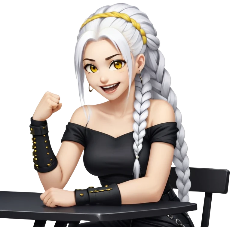 ghibli style, she is laughing outrageously and pounding her fist on the table, a closeup portrait of young woman with gold yellow eyes, white hair, long braid, black off-shoulder top, punk gothic style, futuristic cyberwave cyberpunk, sitting position
 emoji