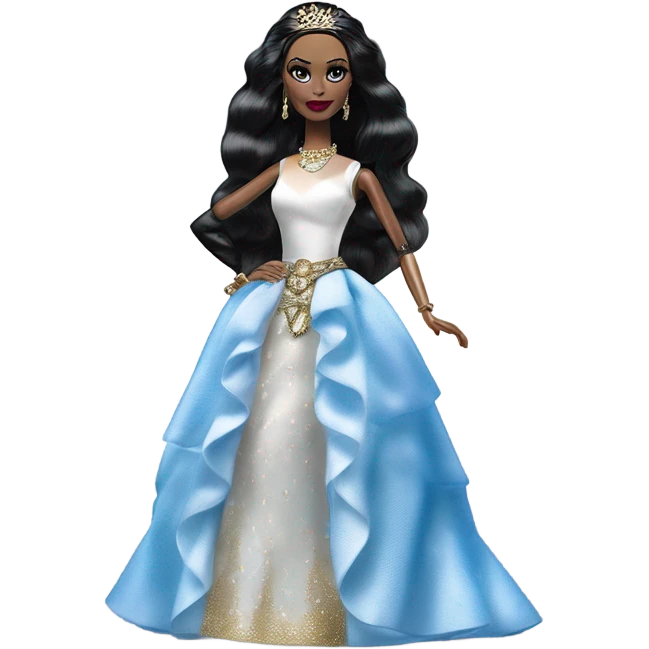 Tall realistic face teen Morticia Addams’s in as Princess Leia Barbie in ruffled pearl-white and blue informal ball gown with gold accents and accessories  emoji