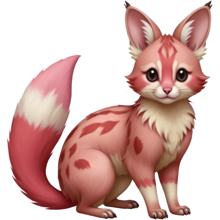 Pastel Pink, red-pointed, soft natural realistic romantic vintage antique divine beautiful elegant pretty precious cute young youthful  Fakémon-Pokémon-opossum-feline-mouse-serval-caracal-chinchilla-Minccino-Cinccino-Meowstic-rodent-hybrid-creature with a big fluffy bushy tail (full body) emoji