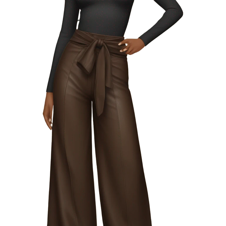 Dark brown High waisted leather wide leg pants with tie front emoji