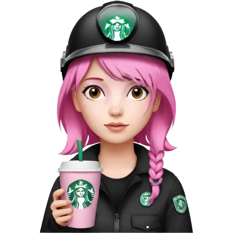 сделай молодую девушку с розовыми волосами, накрашенную красиво, с стаканчиком кофе из старбакса и в каске без эмблемы emoji