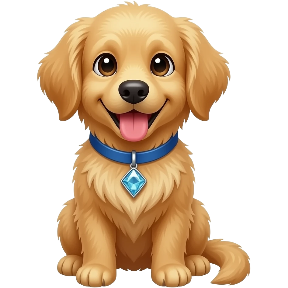 full body on four legs, silly small golden retriever dog, looking at the camera, , tongue out and smiling , blue collar, diamond shaped opaque stone as collar pendant emoji