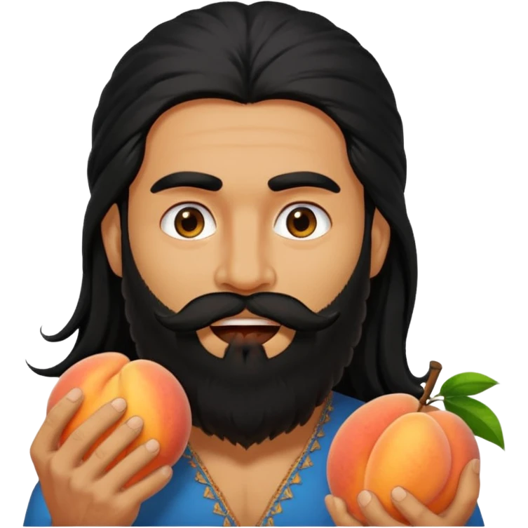 Indian man with a long beard and long hair has a peach in his mouth  emoji