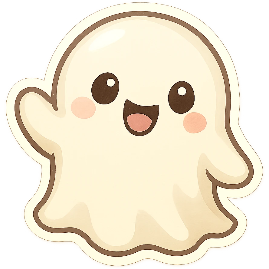 cute chibi ghost sticker with expressive shadows and highlights, soft rounded shape, friendly playful look emoji