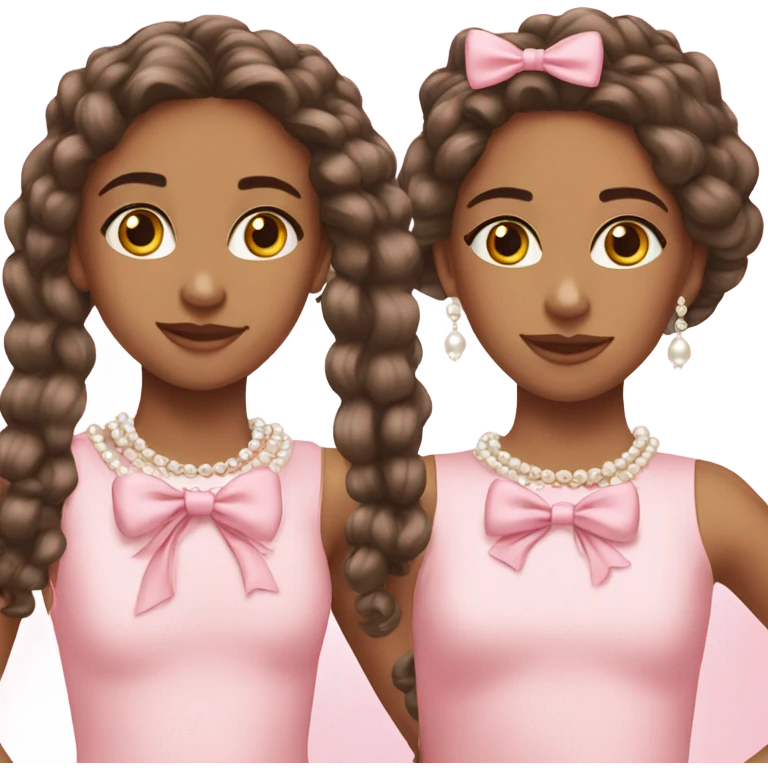 two teenage Latina twins. pink. Long hair. Pink bows. Pearls. Light pink. Diamonds dress. emoji