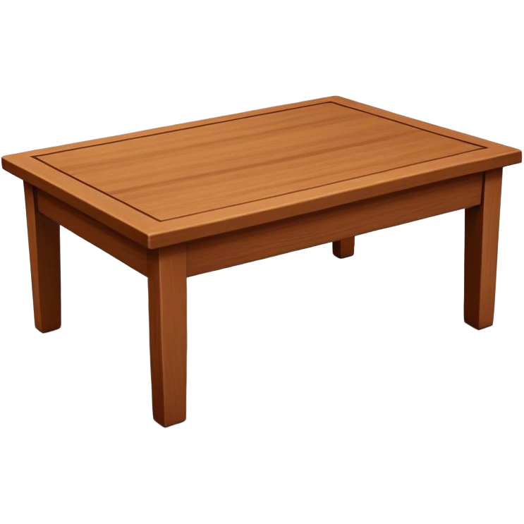 Generate a 3D  table ： warm brown wood, subtly textured, slightly angled perspective, clean edges, realistic but minimal shading, on a transparent or plain white background. Keep the design simple and clearly readable at small sizes emoji