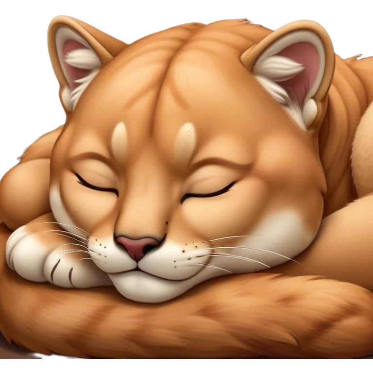 Meme-Worthy Cute Sleeping Cougar Portrait Emoji, Head resting peacefully with a contented smile, showcasing a lithe build and a luxuriously soft tawny Fur, eyes shut in a serene, restful nap, Simplified yet hilariously adorable features, highly detailed, glowing with a soft, drowsy light, high shine, relaxed and utterly lovable, stylized with an air of playful laziness, bright and heartwarming, soft glowing outline, capturing the essence of a comically sleepy cougar, so meme-worthy it feels like it could instantly become the next viral sensation of adorable slumber! emoji