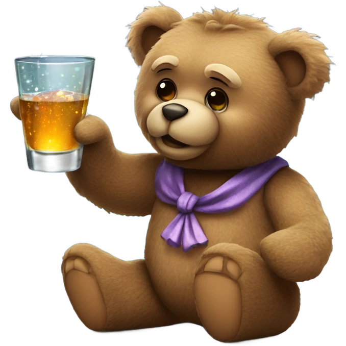 gruff teddy bear holding a gift that sparkles and a shot glass of liquor  emoji