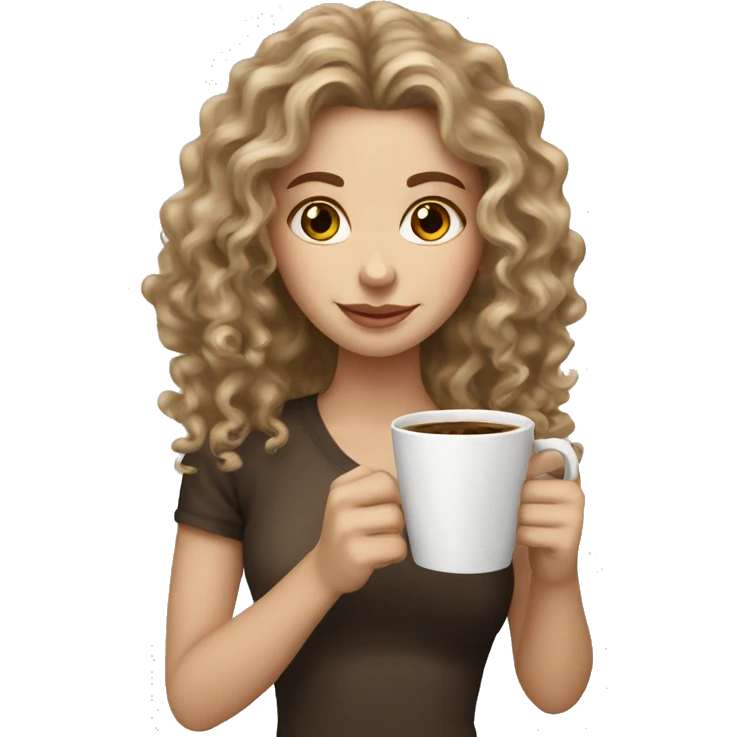 A white girl with darkblonde long curly hair holding a cup of coffee emoji