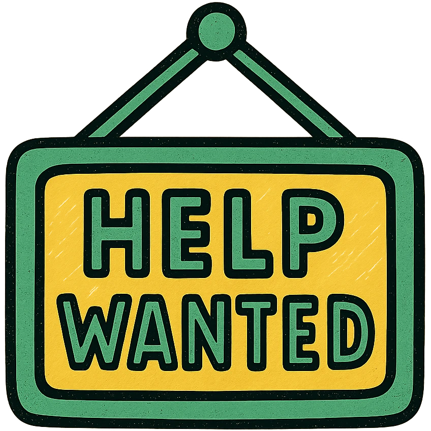 help wanted sign in green, white, and gold color scheme, minimalistic, sans-serif font, clean background emoji
