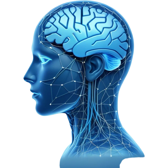 A futuristic and sleek AI-themed emoji. A glowing blue human head silhouette with a transparent effect, filled with interconnected circuit lines and neural nodes, symbolizing artificial intelligence. The head has a smooth, minimalistic design with a subtle glow around it. One side of the head blends into a digital pixelated pattern, showing the transition between human and machine intelligence. A small floating holographic brain or chip icon hovers near the head, reinforcing the AI theme. The background is dark or gradient blue to enhance the high-tech feel emoji