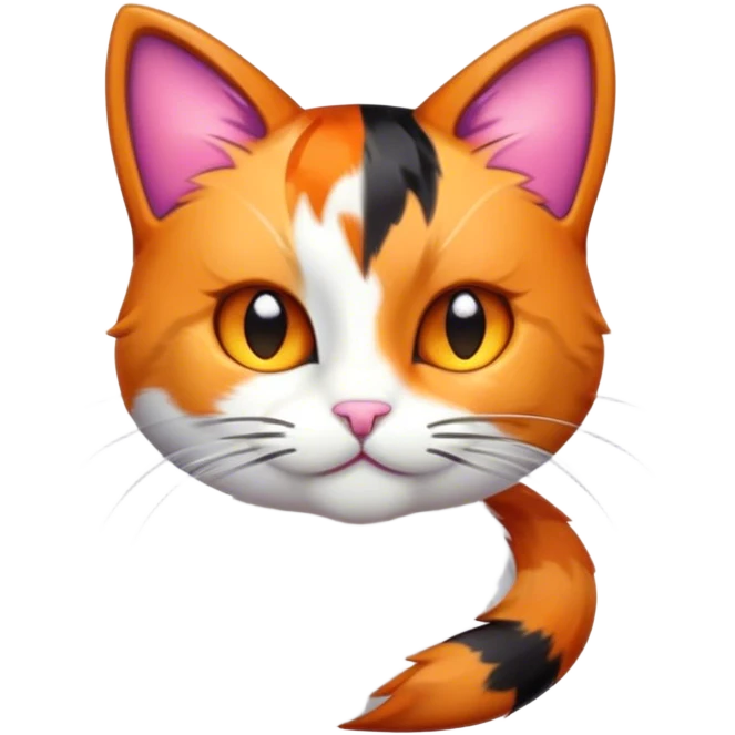 Cinematic Cute Calico Cat Portrait Emoji, Head tilted playfully with sparkling, inquisitive eyes and a charming patchwork fur of orange, black, and white, simplified yet irresistibly adorable, highly detailed, glowing with a warm, inviting glow, high shine, bubbly and affectionate, styled with a touch of whimsical feline charm, soft glowing outline, capturing the essence of a delightfully cute calico cat that looks as if it could prance off the screen into your heart! emoji