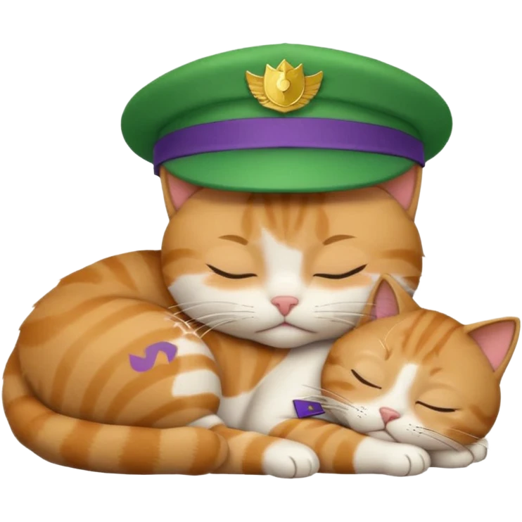 emoji of sleeping cat, its pose is lying, it has on his head FedEx uniform cap, green color emoji