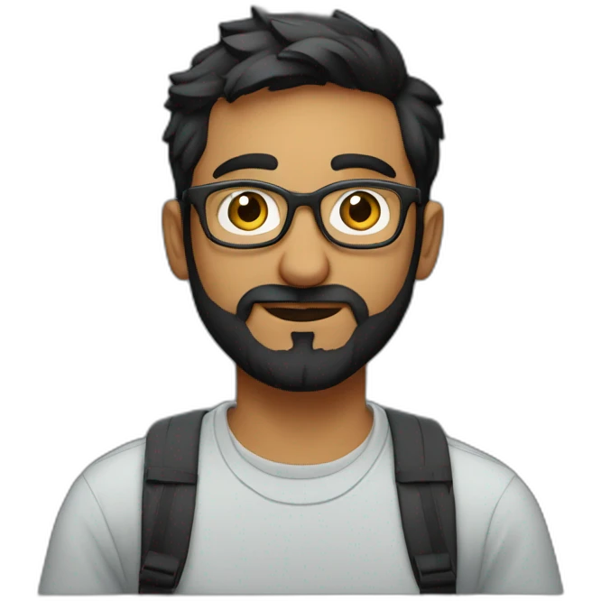 indian physics phd student with a short beard and round glasses in a t shirt with black hair and a laptop bag emoji