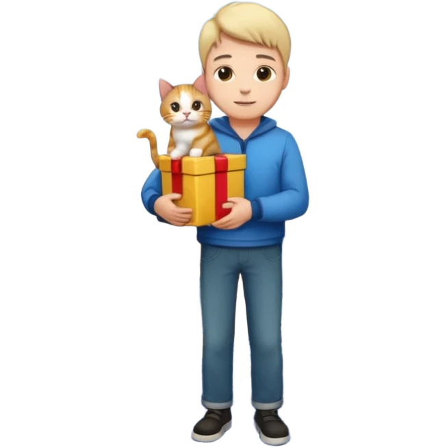 man houd kat vast en staat op dak met cadau`s emoji