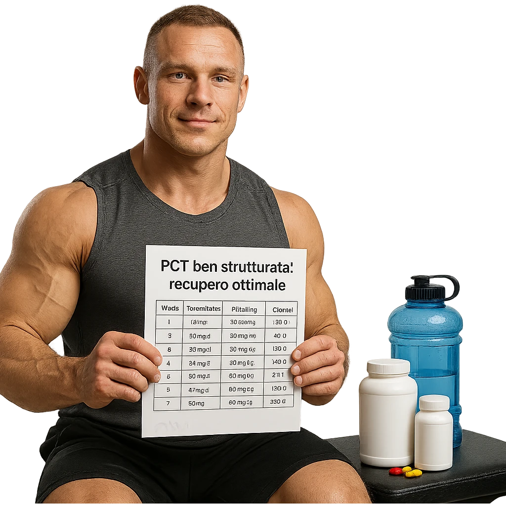 hyper realistic muscular healthy bodybuilder with serene and determined expression, in gym wearing sportswear, holding a detailed PCT (Post Cycle Therapy) chart with visible drugs and dosages, supplements and water next to him, positive recovery atmosphere, Italian caption: “PCT ben strutturata: recupero ottimale”, isolated on white background emoji