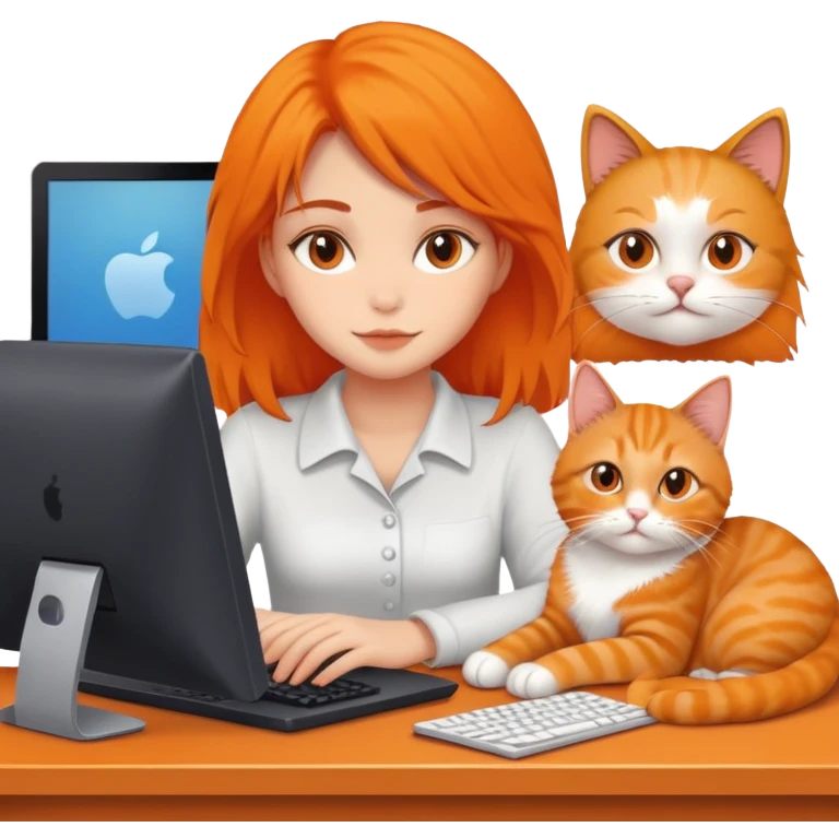 A girl is working in front of a computer, and a cat is lying next to the computer emoji