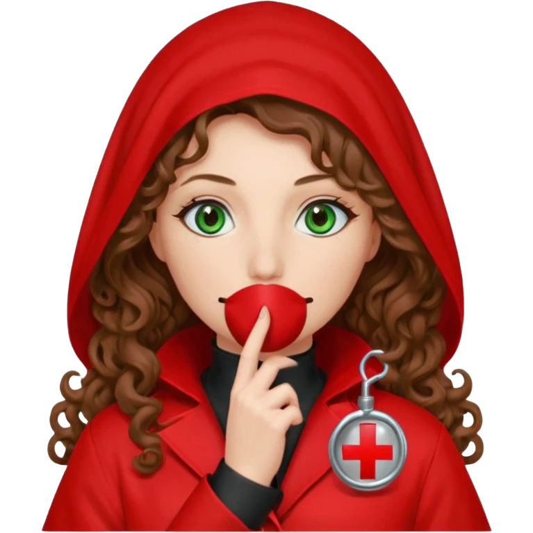 Lilith symbol sexy evil woman. She has green eyes.  had brown long curly hair.  evil surgeon kills with scalpel wears red sexy doctor coat with red mouth cover red gloves. Covers nose, neck  and mouth with Muslim red berka emoji