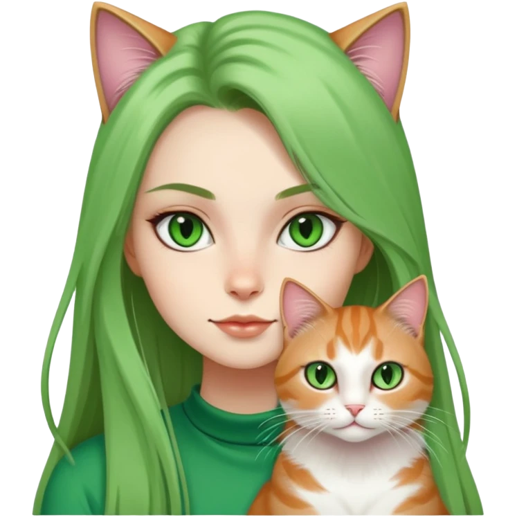 a cool girl with a long hair cat, cat’s eyes are green emoji