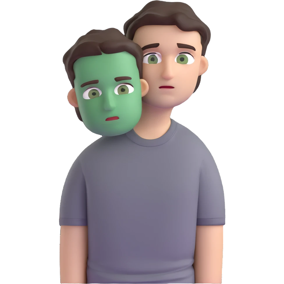 man with dark messy short hair, dark green eyes, wearing a gray t-shirt emoji