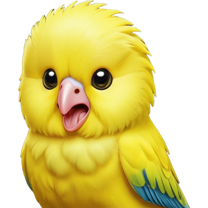 Cinematic Comical Yellow Budgie Portrait Emoji, Head tilted dramatically with an exaggeratedly amused expression, featuring a striking yellow feathered fur with a glossy finish, wide, expressive dark eyes filled with playful disbelief, Simplified yet hilariously expressive features, highly detailed, glowing with a slightly sassy glow, high shine, dramatic yet playful, stylized with an air of cheeky mischief, bright and endearing, soft glowing outline, capturing the essence of a spirited and over-the-top budgie, so meme-worthy it feels like it could side-eye its way into internet fame instantly! emoji