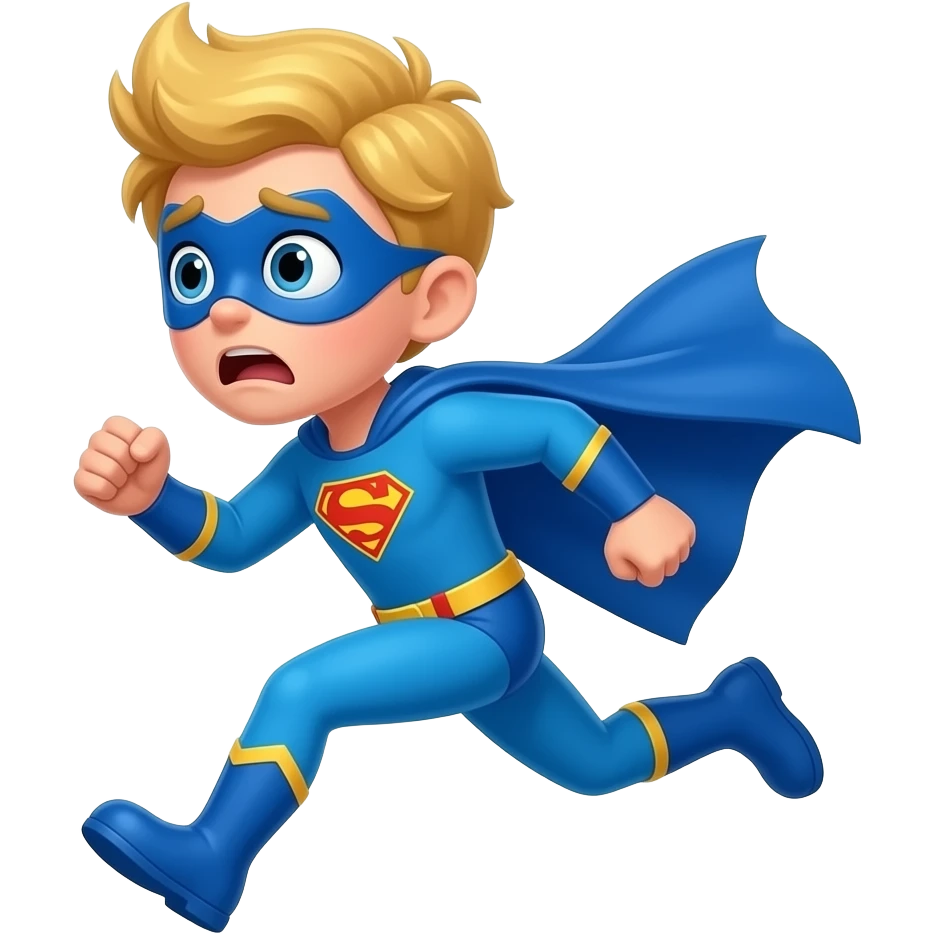 quiero que me hagas a una superheroe con el pelo rubio mascara azul i con un traje azul que sea una niño corriendo para la izquierda asustado emoji