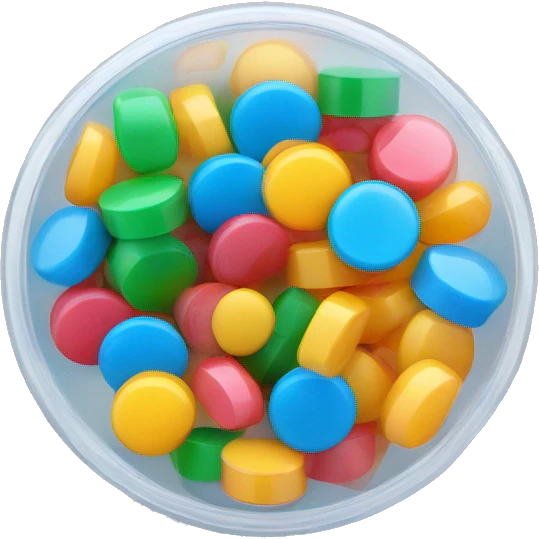 Small translucent circular plastic container with colorful pills inside emoji
