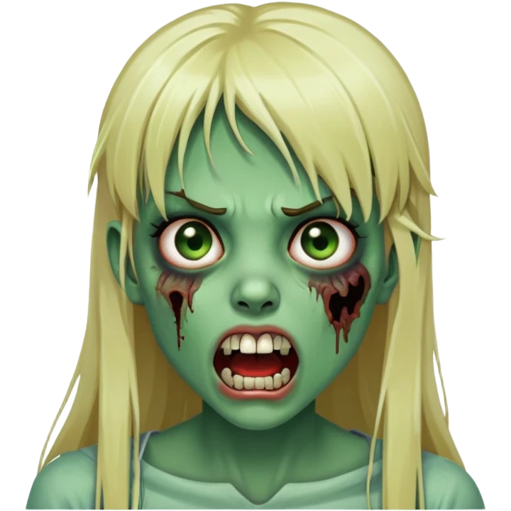 Zombie girl with green skin, visible bruises on face, mouth open showing teeth, long blonde hair with straight bangs emoji