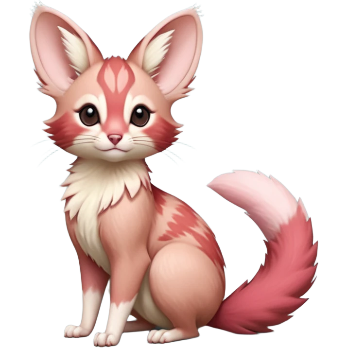Pastel Pink, red-pointed, soft natural realistic romantic vintage antique divine beautiful elegant pretty precious cute young youthful  Fakémon-Pokémon-opossum-feline-mouse-serval-caracal-chinchilla-Minccino-Cinccino-Meowstic-rodent-hybrid-creature with a big fluffy bushy tail (full body) emoji