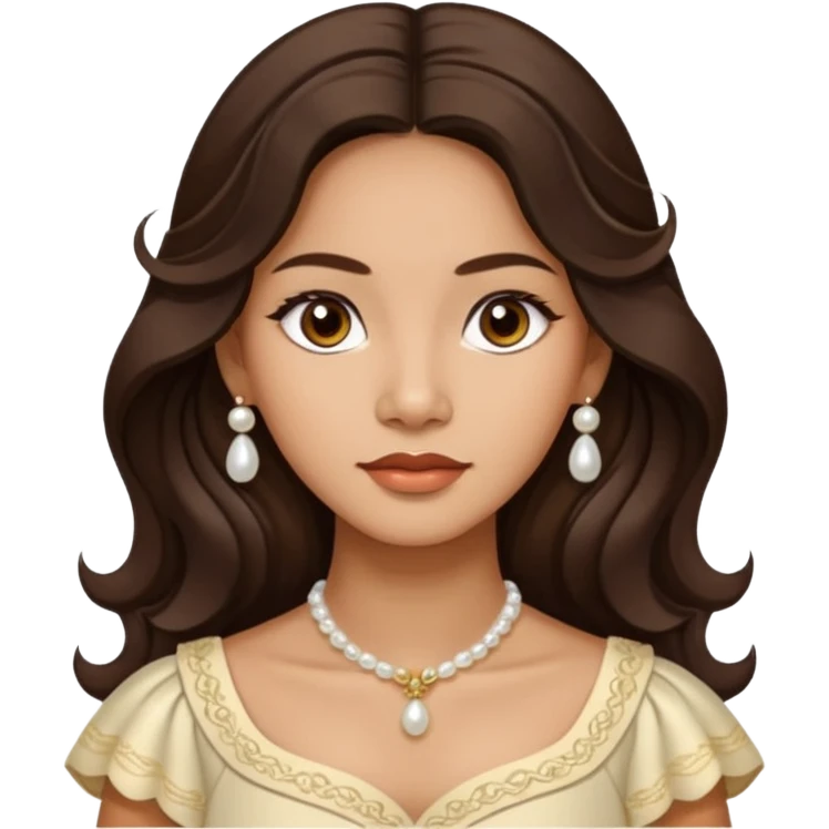 Tan Filipino woman with dark brown eyes and long dark wavy hair parted in the middle wearing a traditional filipiniana and white pearl stud earrings and no other jewelry emoji