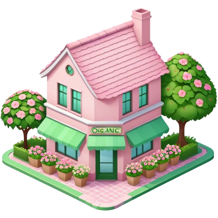Organic juice shop, light pink and green and decorated with lots of florals, isometric exterior view, pitched roof with pink tiles emoji