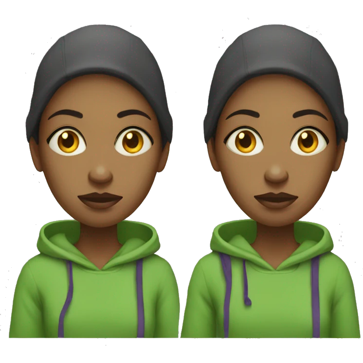 woman who is homeless, disheveld wearing green hoodie and purple shirt with yellowish eyes emoji