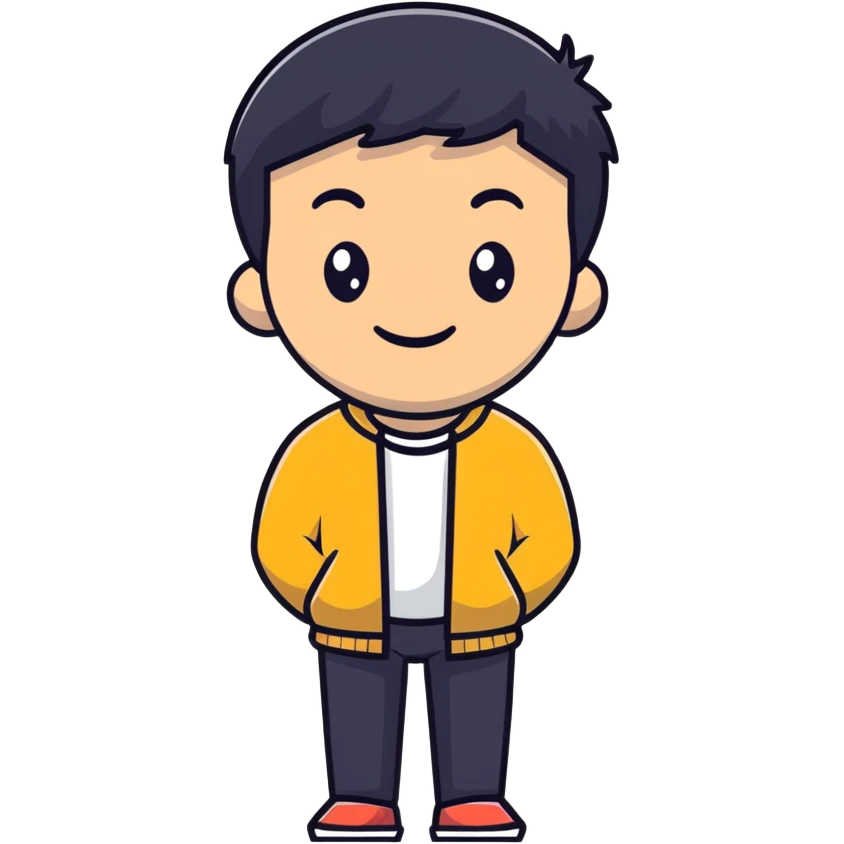 Asian man with short black hair, friendly smile, Josh Lim character emoji