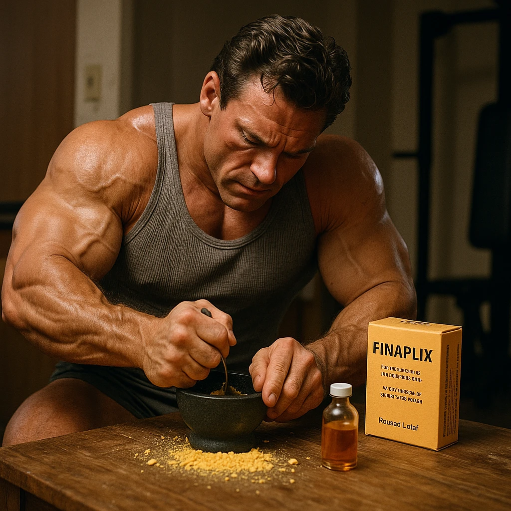 realistic 1990s bodybuilder crushing Finaplix pellets on a table to obtain liquid, domestic or gym environment, improvised tools like mortar or spoon, recognizable Finaplix packaging, 1990s atmosphere, realistic details emoji