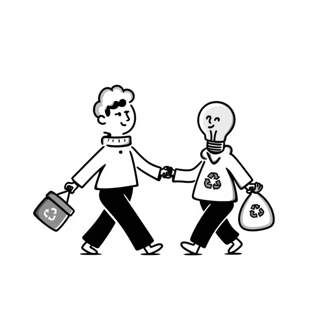 a lightbulb and a battery holding hands, each with a recycling bag, walking to recycle emoji