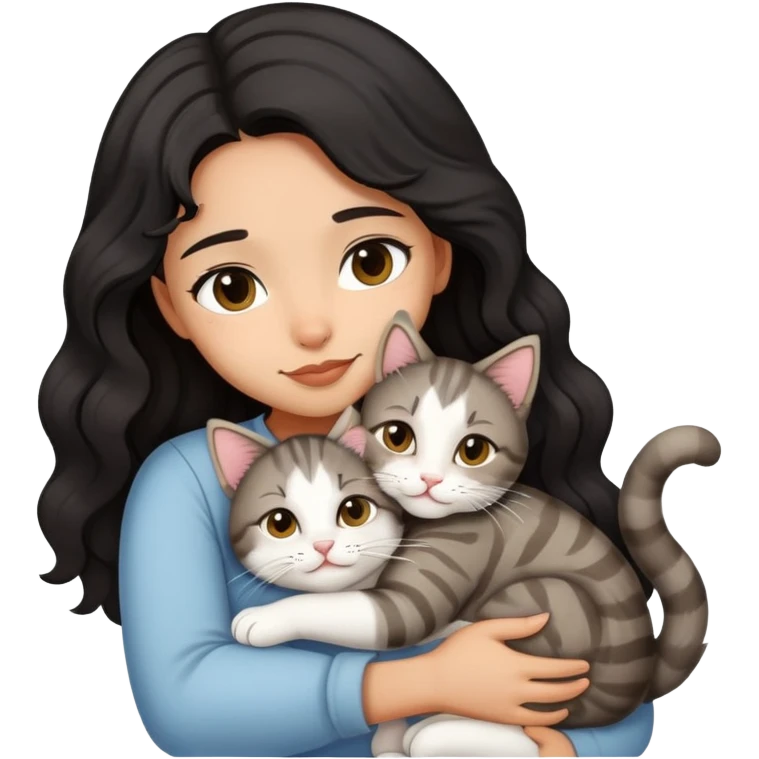 A girl with black wavy hair and light tan skintone, hugging her tabby white cat emoji