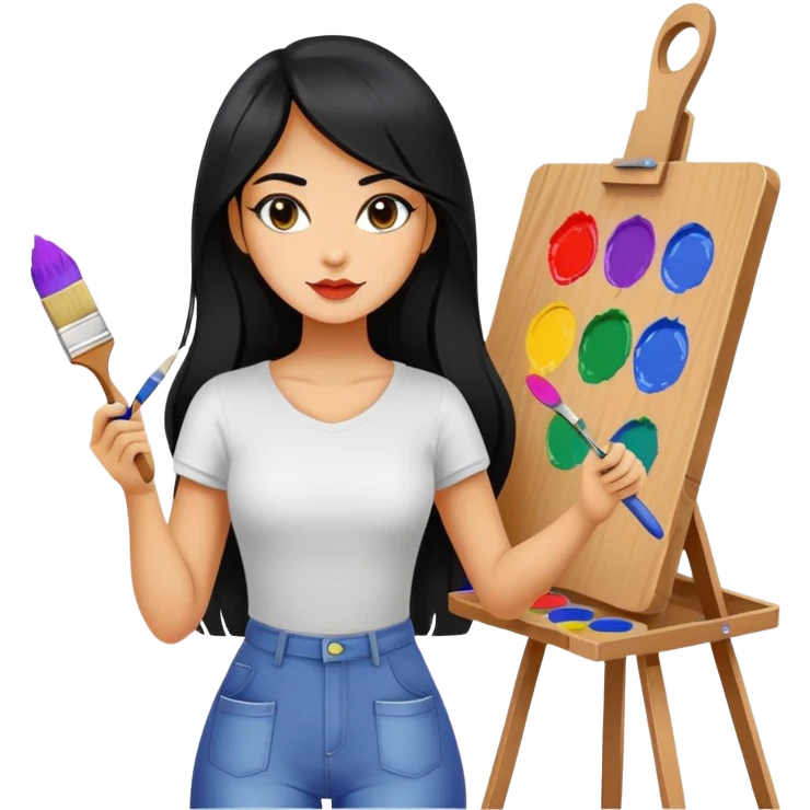 painting, easel, master piece, artist, long black hair tanned woman, paint pallet colors and paint brush, sexy emoji