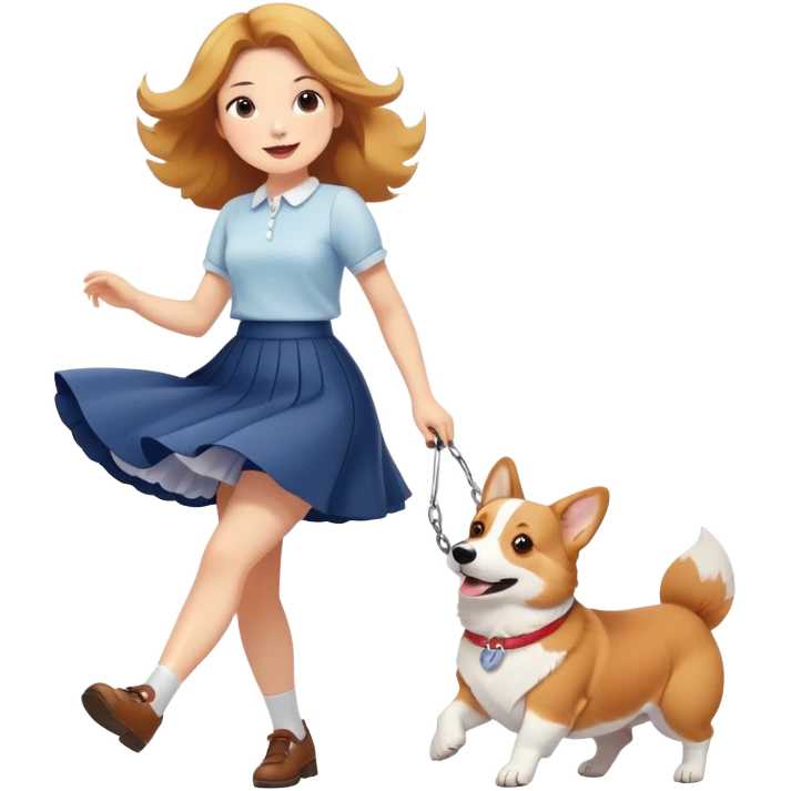 A beautiful girl with fair skin happily chases a corgi in a skirt emoji