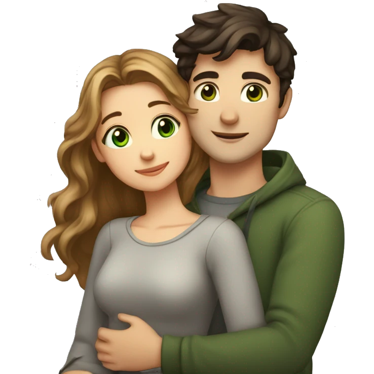 a girl with slightly wavy hair, green eyes and a height of 158 cm, and a guy with short dark hair and brown eyes, a height of 182 cm, are hugging emoji
